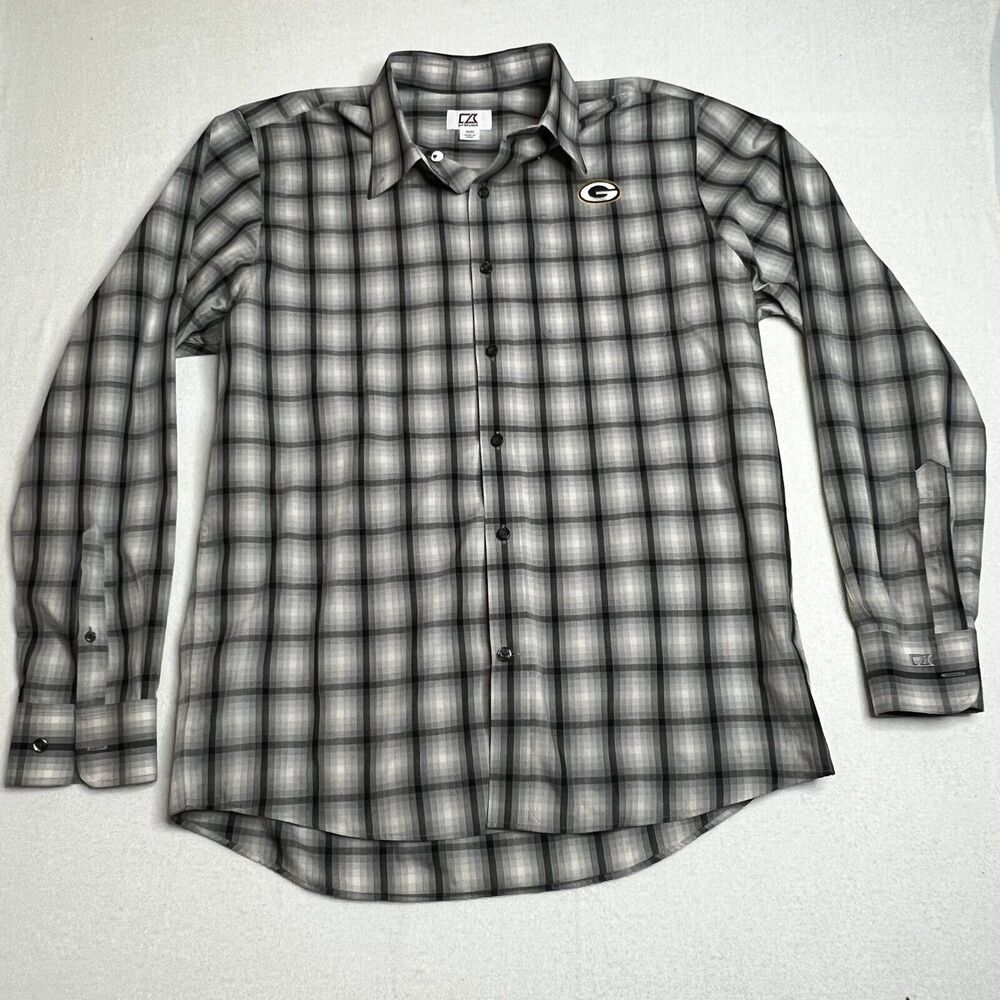 Cutter & Buck Mens Shirt Size M Green Bay Packers NFL Plaid Button Down Gray
